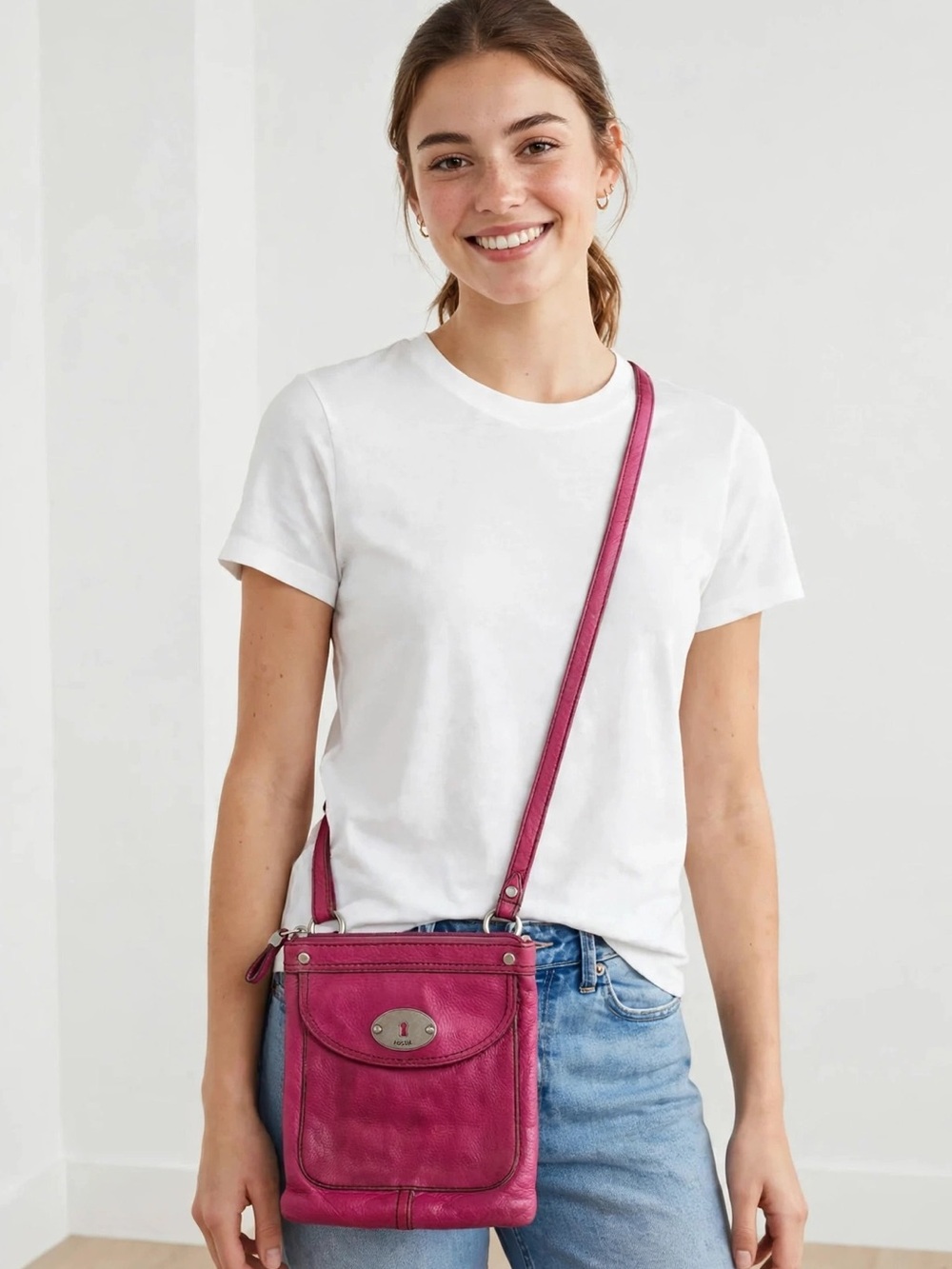 Fossil Vintage Leather Magenta Crossbody Bag